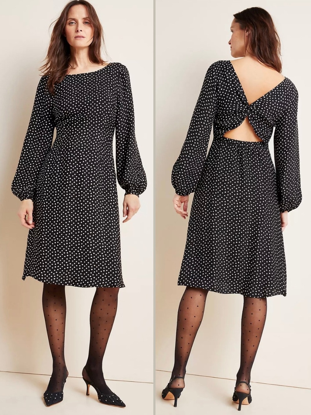 Anthropologie Agatha Black Polka Dot Twist Back Midi Dress Size 8 French Euro